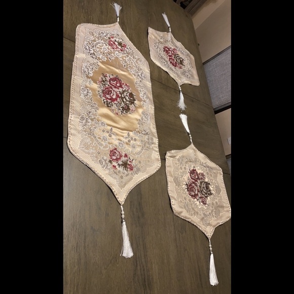 Three Piece Accent Table Cover / Runner Embroidered Red Gold Brown Holiday Eid - Picture 3 of 12